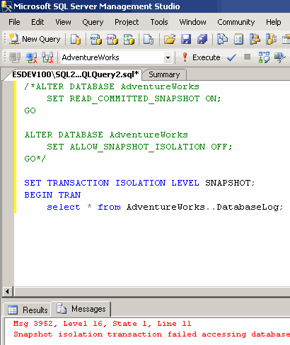Error when attempting to use snapshot isolation when options not enabled