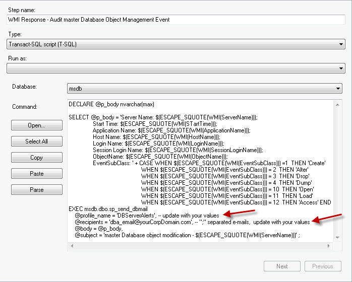 master DB object modification alert Job Step