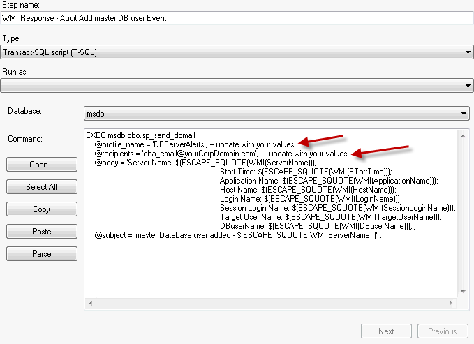 master DB user modification Alert Job Step