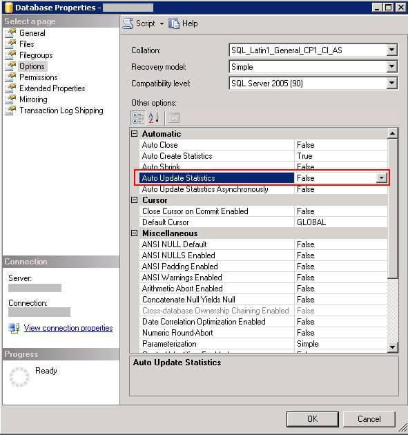 in ssms disable auto update statistics