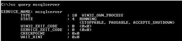 using the sc command to check that sql services are running