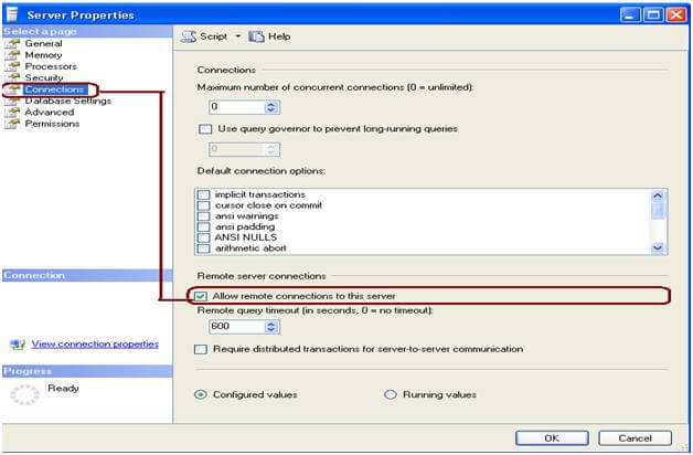 in ssms select properties and go to the connections tab
