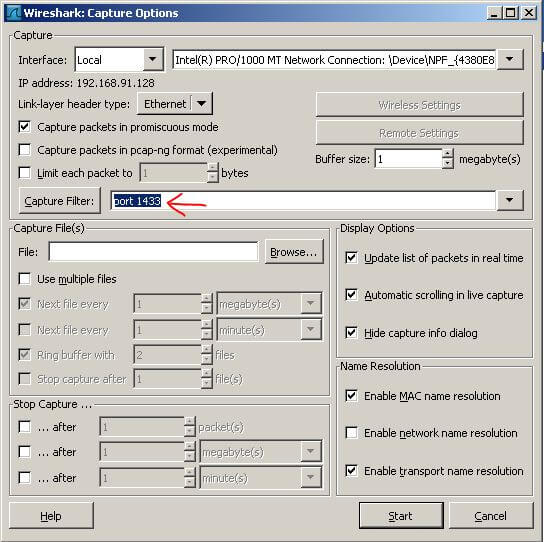 set to capture only the packets that pertain to sql server