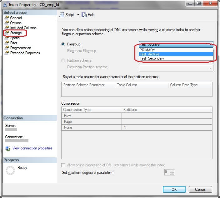 in the properties window, select the storage tab
