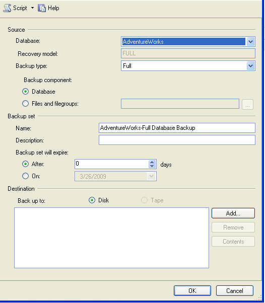 select backup type