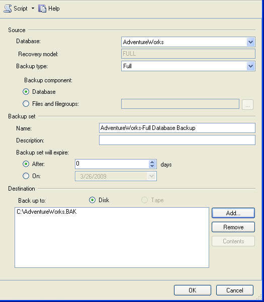 select backup options