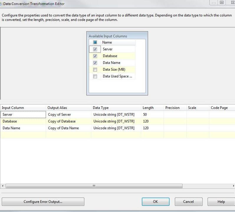 SSIS Data Conversion Transformation Editor