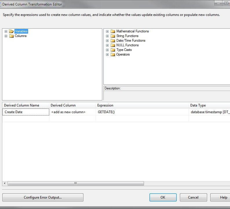 SSIS Derived Column for the CreateDate Column