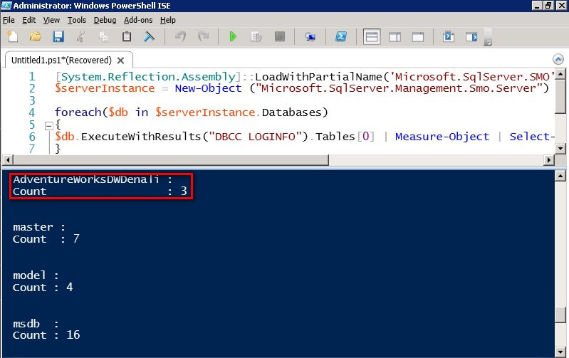 you can now see a property named Count that maps to the result returned by the ExecuteWithResults method of the Database class