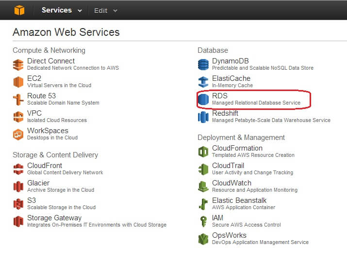 AWS Management Console Main Menu