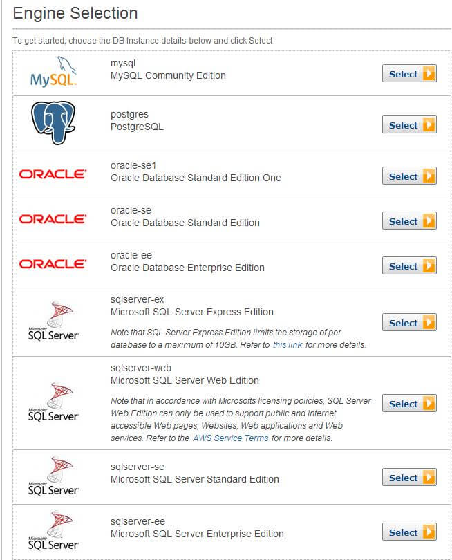 Available RDS Database Engines