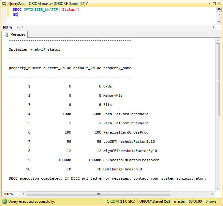 DBCC OPTIMIZER_WHATIF Current Status