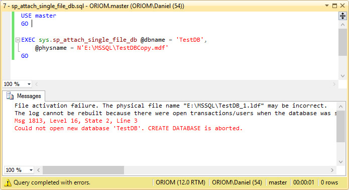 Failed Attempt To Attach the Database.