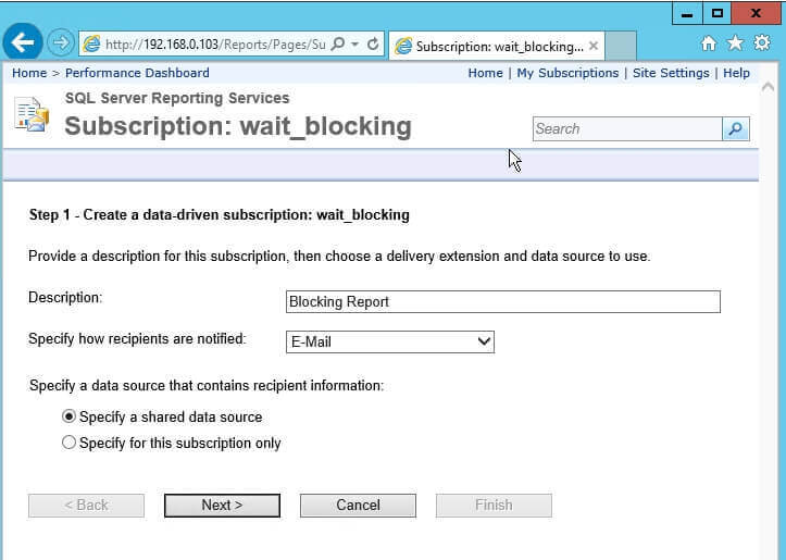 Screen capture of step 1 of the New Data-Driven Subscription wizard.