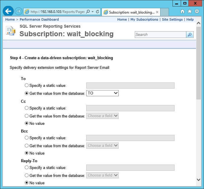 Screen capture of step 4 of the New Data-Driven Subscription wizard.