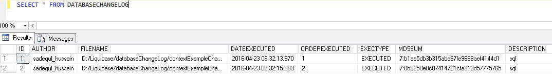 DATABASECHANGELOG Table of context_dev Database