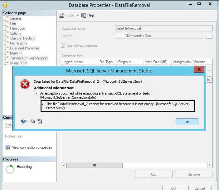 The File 'FileName' cannot be removed because it is not empty. (Microsoft SQL Server, Error:5042)