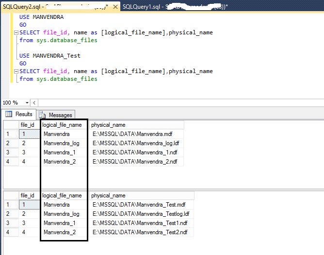Check logical SQL Server file names
