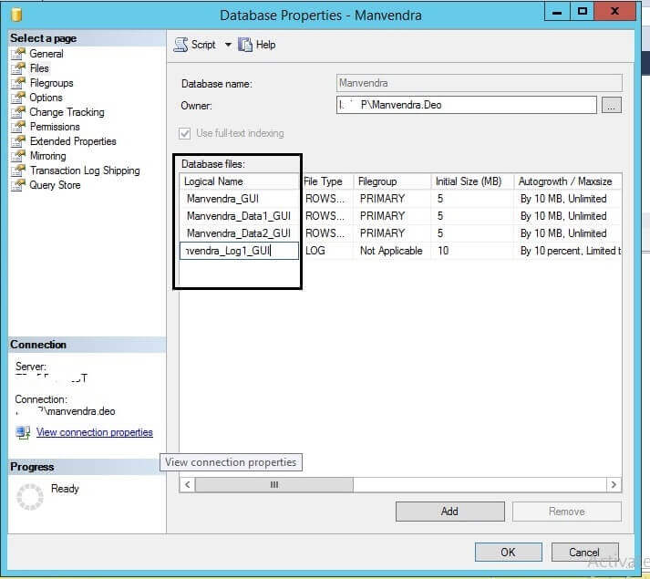 Change the SQL Server logical file names using SQL Server Management Studio