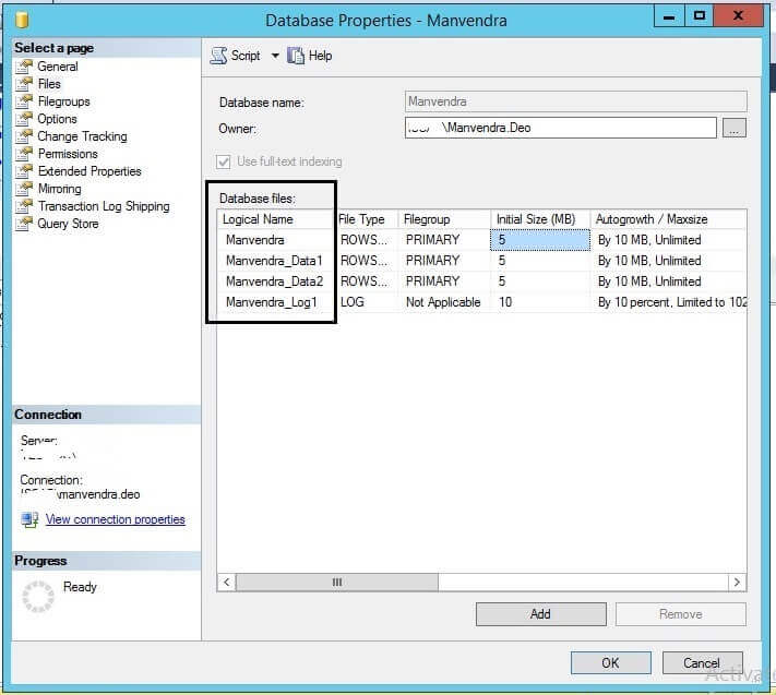 Logical database file names in SQL Server Management Studio