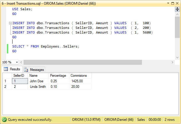 Screen capture of inserted rows.