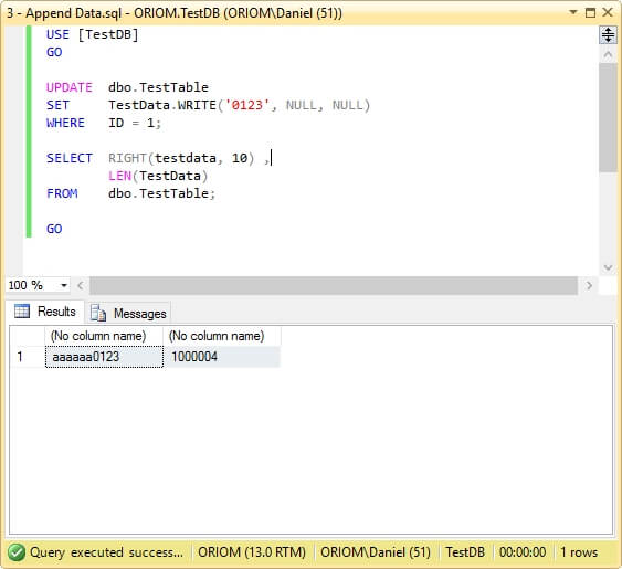 Screen capture of appended data.