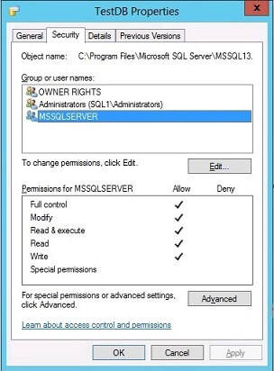 Check TestDB file permission for mdf and ldf