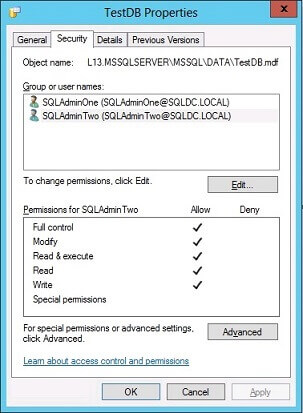 Grant full permission on both TestDB mdf and ldf files