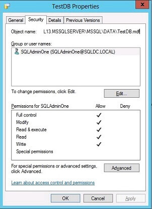 Check TestDB file permission for mdf and ldf again