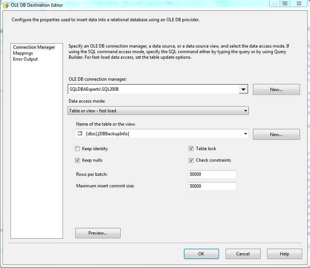 SSIS OLE DB Destination Editor