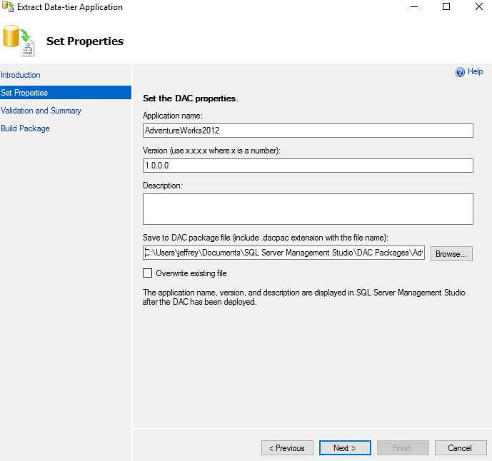 Extract Data-tier Application wizard 