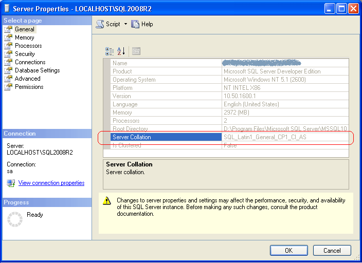 server properties window