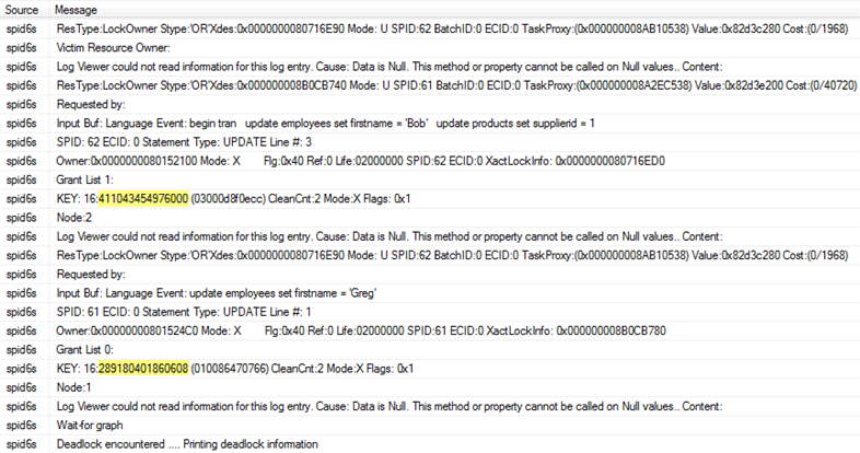 Trace Flag 1204 Output