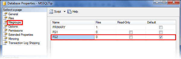 Set default file group through SSMS GUI