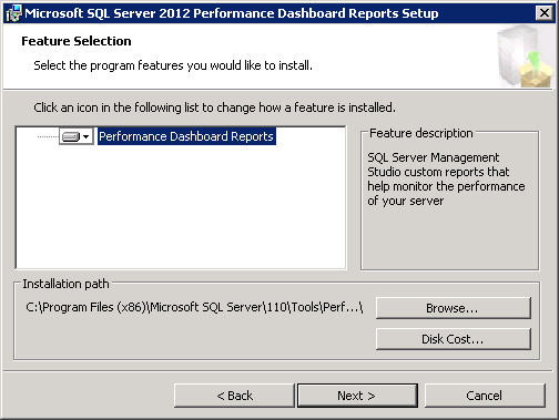 Microsoft SQL Server 2012 Performance Dashboard Reports Feature Selection