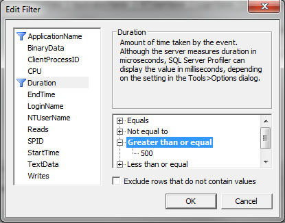 setting filters in profiler