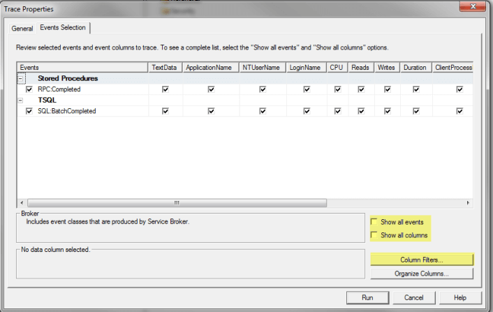 profiler select events, columns and filters