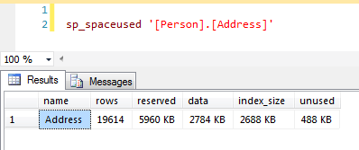 Sp_spaceused executed at the table level displays