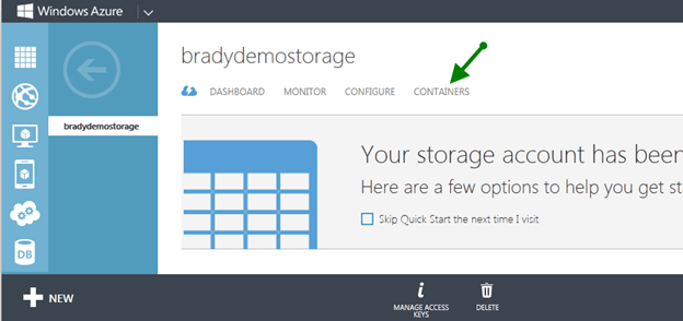 Next click on the storage name and click Containers