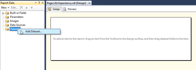  In the Report Data tab, right click Datasets and Add Dataset