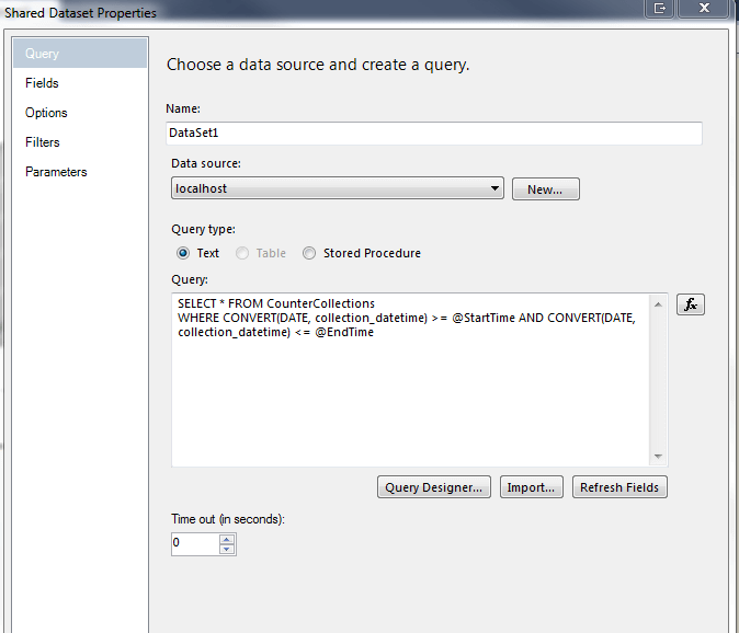 This is where you will build the query that you want to use in the report
