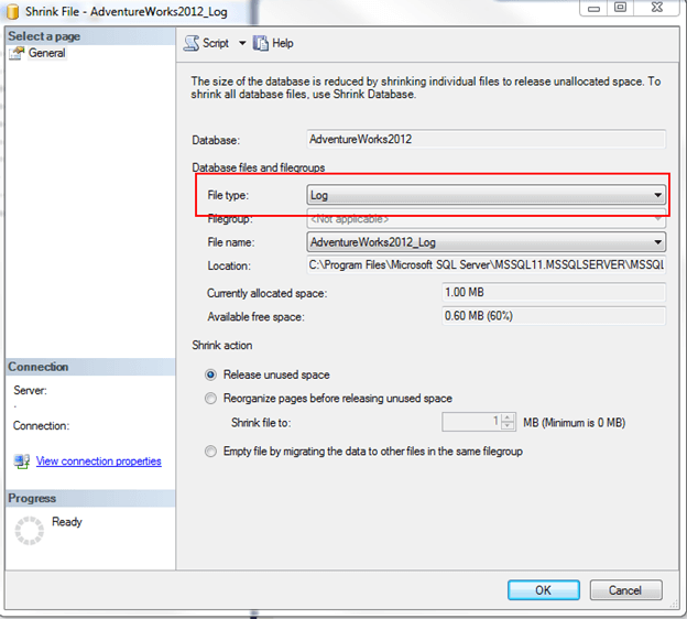 On the Shrink File window, change the File Type to Log.