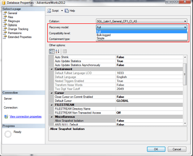 Set Recovery Model in SQL Server Management Studio