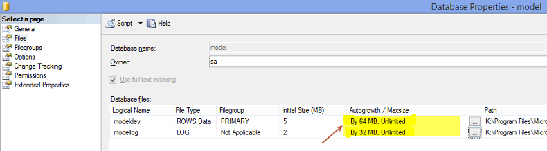 Model Database - New Settings - Autogrowth
