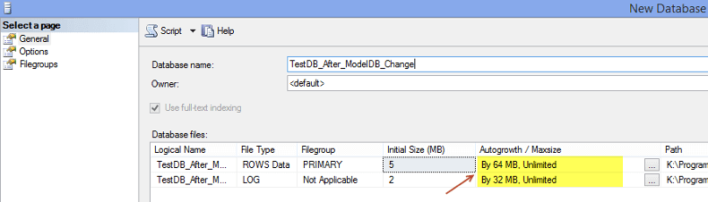 New Database - Autogrowth - After Modifying Model DB
