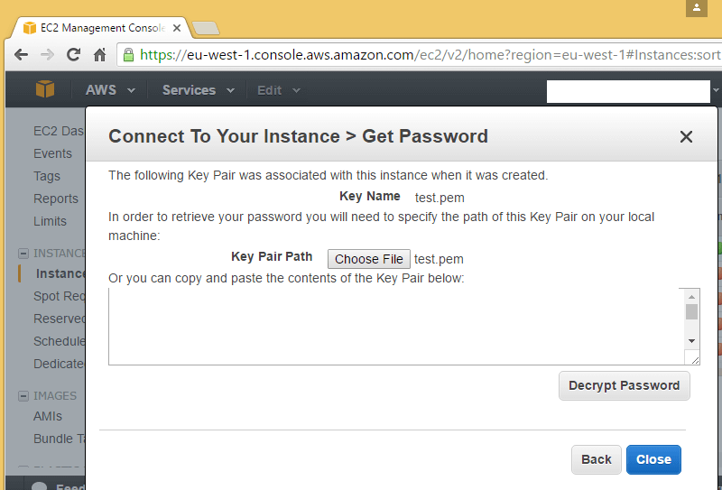 Select the .pem file previously created to connect to your instance