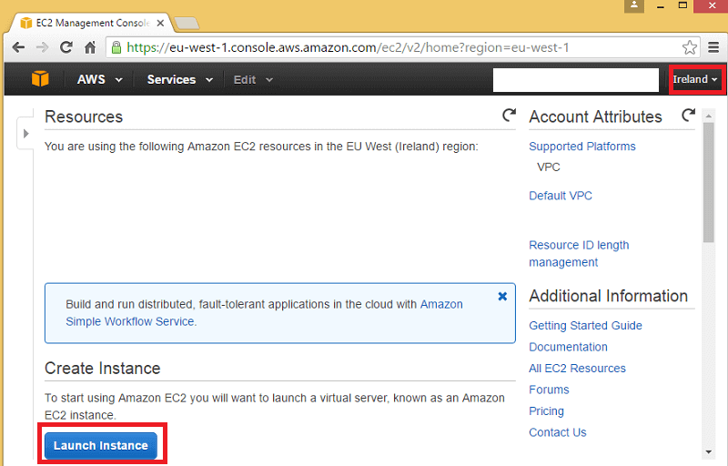 Select the Region and then click on the Launch Instance button