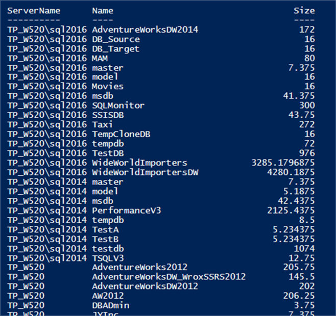 DB name and size - Description: List db name and size across multiple servers