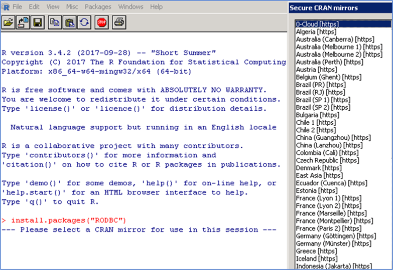 RODBC install - Description: Choose CRAN mirror near your location, making sure it has RODBC package listed