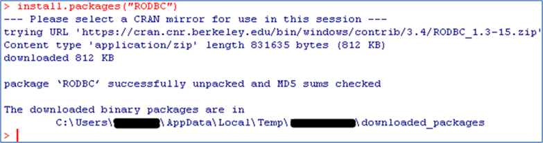 RODBC once installed - Description: Output once RODBC has been installed